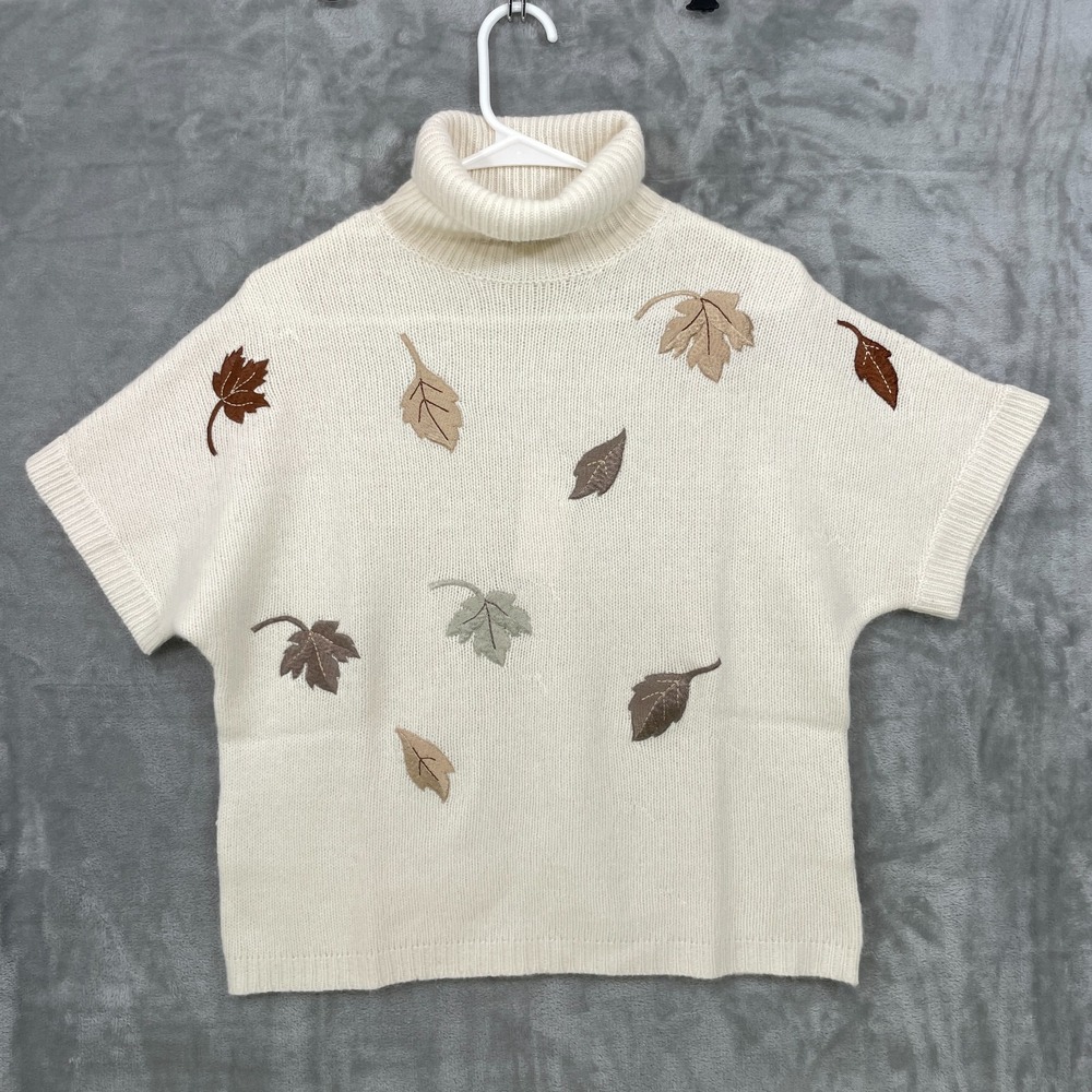 NWT Vtg 90s Angora Rabbit Hair & Lambswool Turtleneck Large Ivory Leaf Applique